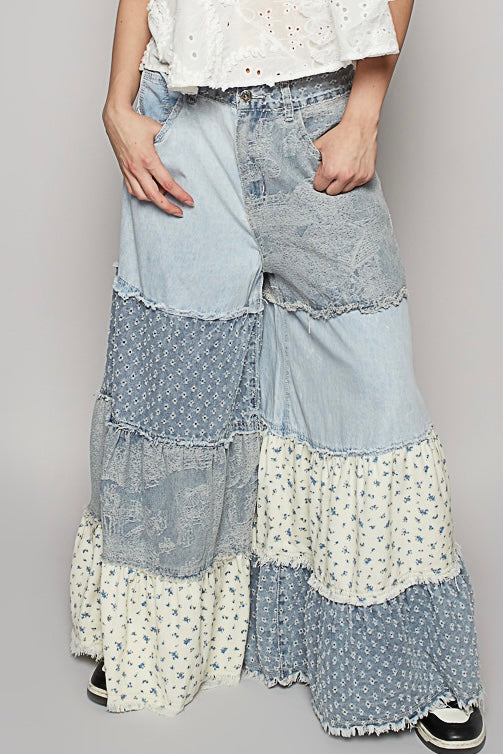 Applause Please Patchwork Tiered Ruffle Exaggerated Wide Leg Jeans