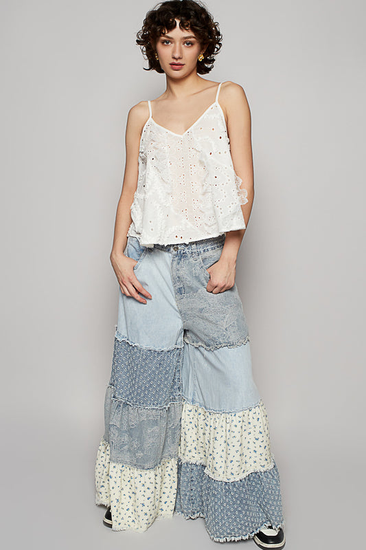 Applause Please Patchwork Tiered Ruffle Exaggerated Wide Leg Jeans