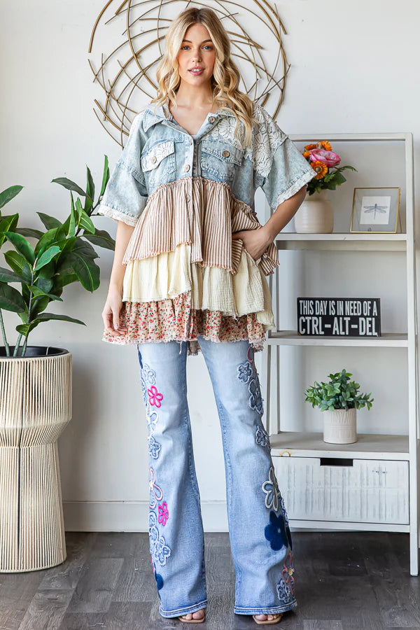 Serving Sass Mixed Fabric Ruffled Tiered Short Sleeve Denim Jacket