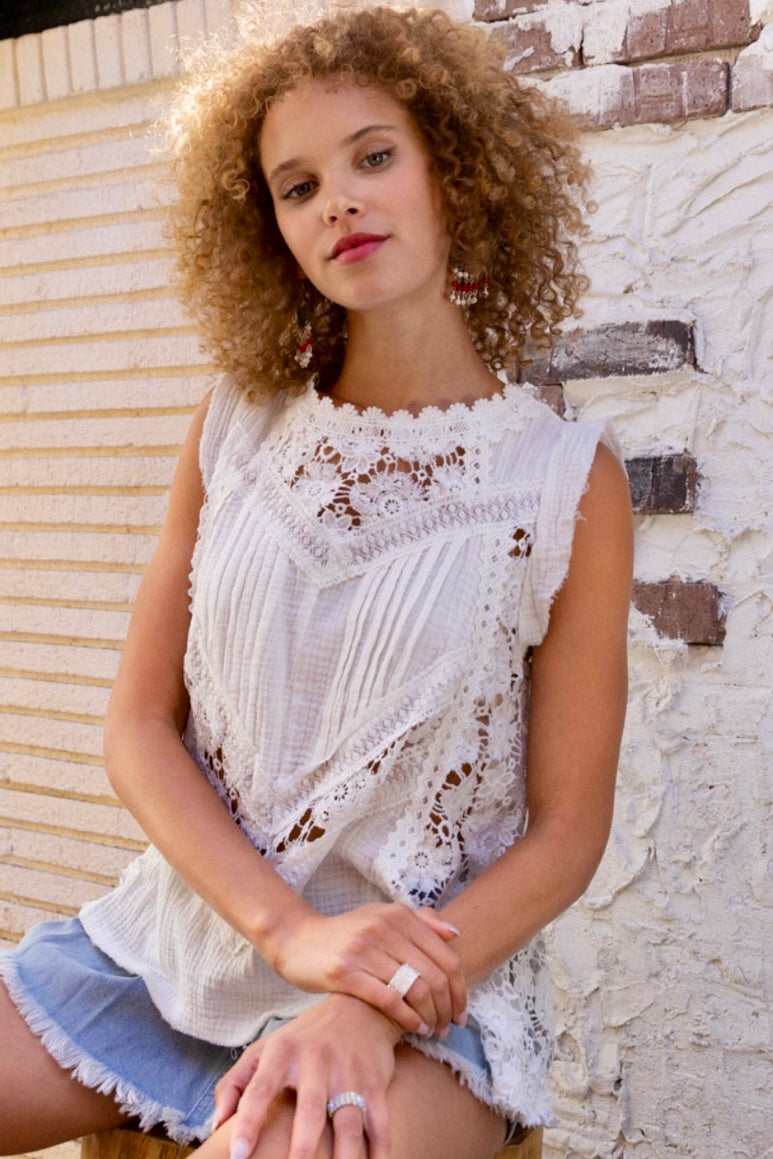 Bal Harbor Floral Lace + Cotton Gauze Sleeveless Tunic Top