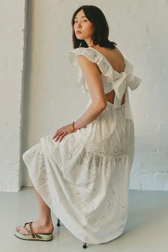 Summer Cottage Cotton Eyelet Ruffle Sleeve Midi Dress