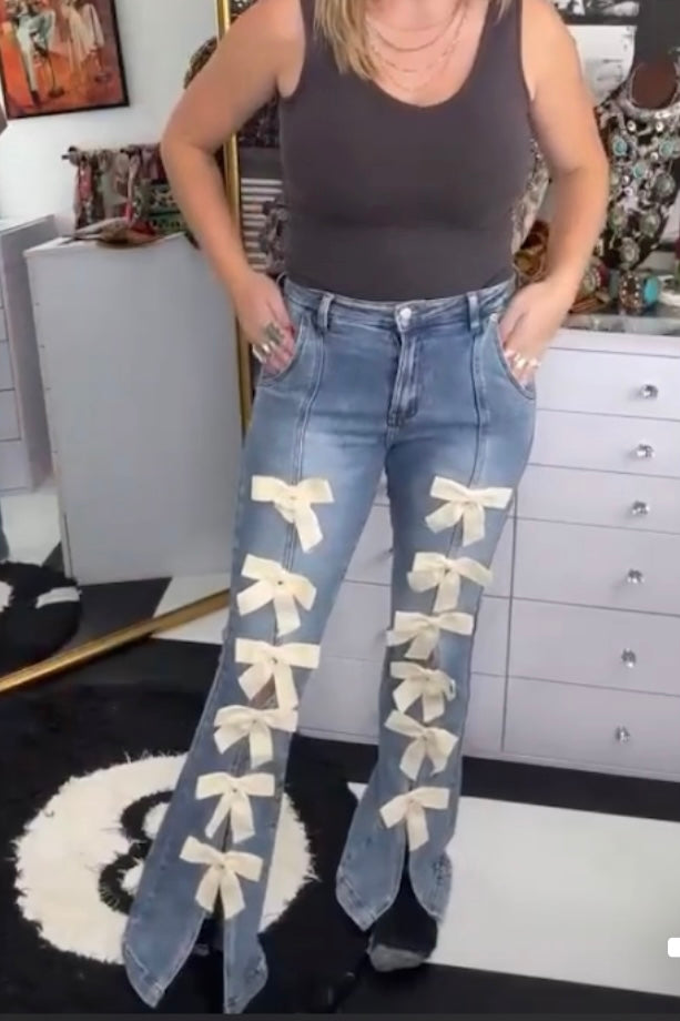 Sweet On Me Ribbon Bow High Waist Stretchy Flares