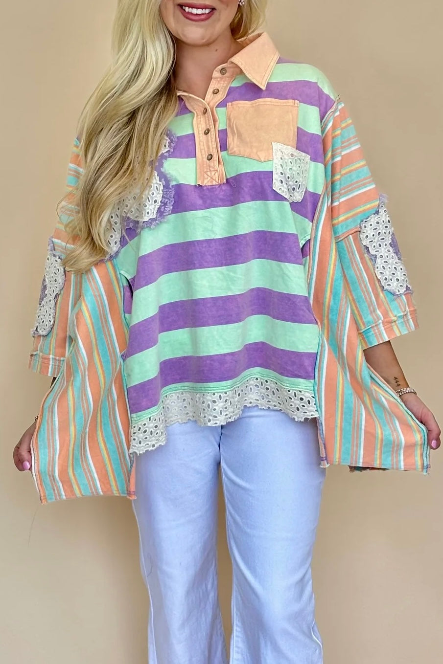 Spring Forward Colorful Striped Oversized Polo with Pockets