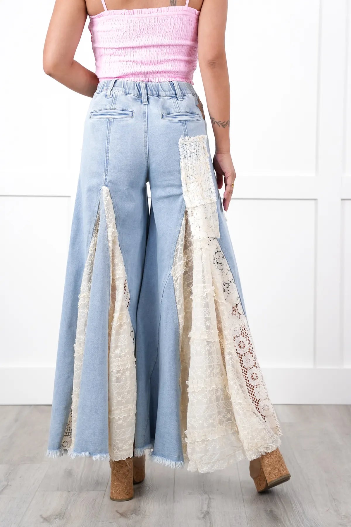 Great Escape Lace Pieced Exaggerated Wide Leg Jeans