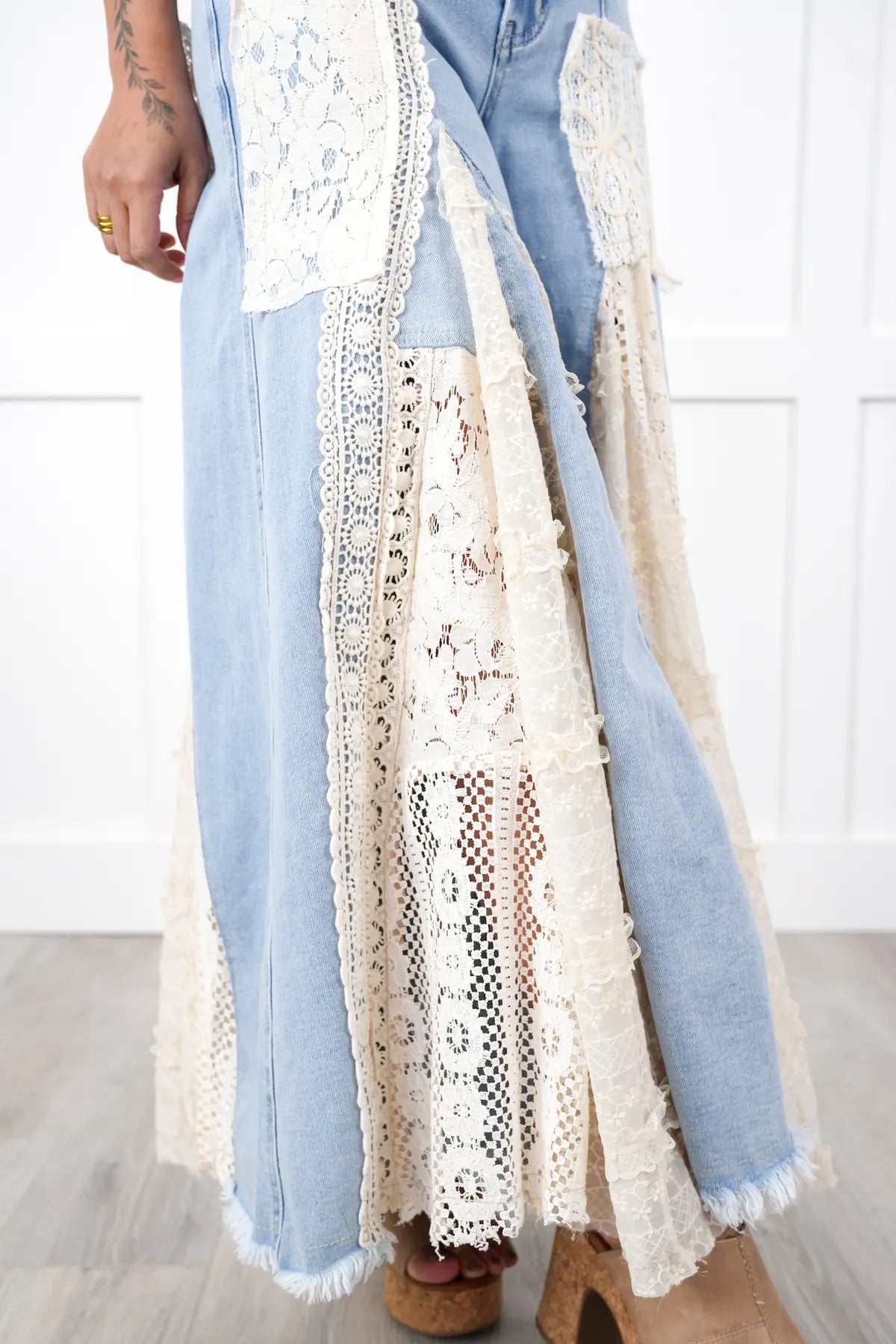 Great Escape Lace Pieced Exaggerated Wide Leg Jeans