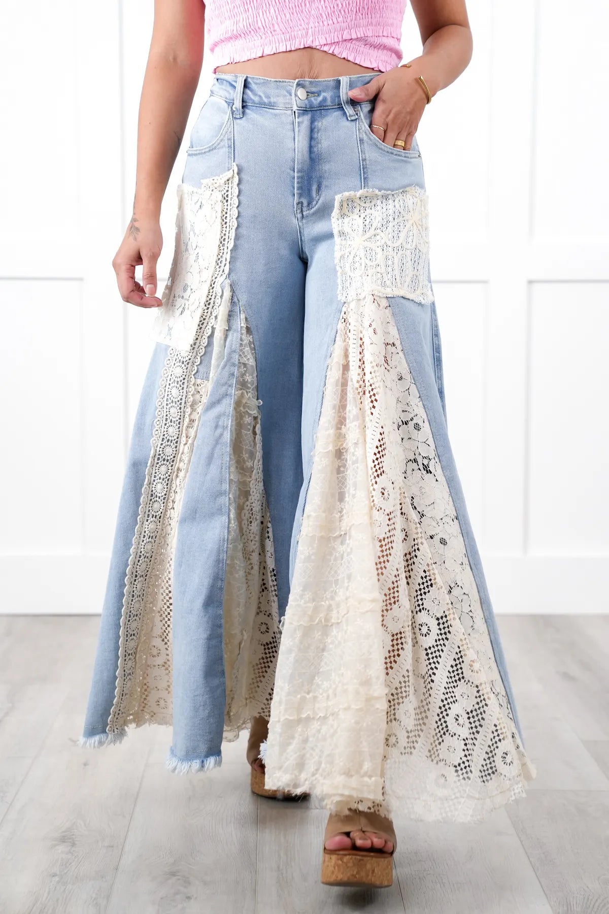 Great Escape Lace Pieced Exaggerated Wide Leg Jeans