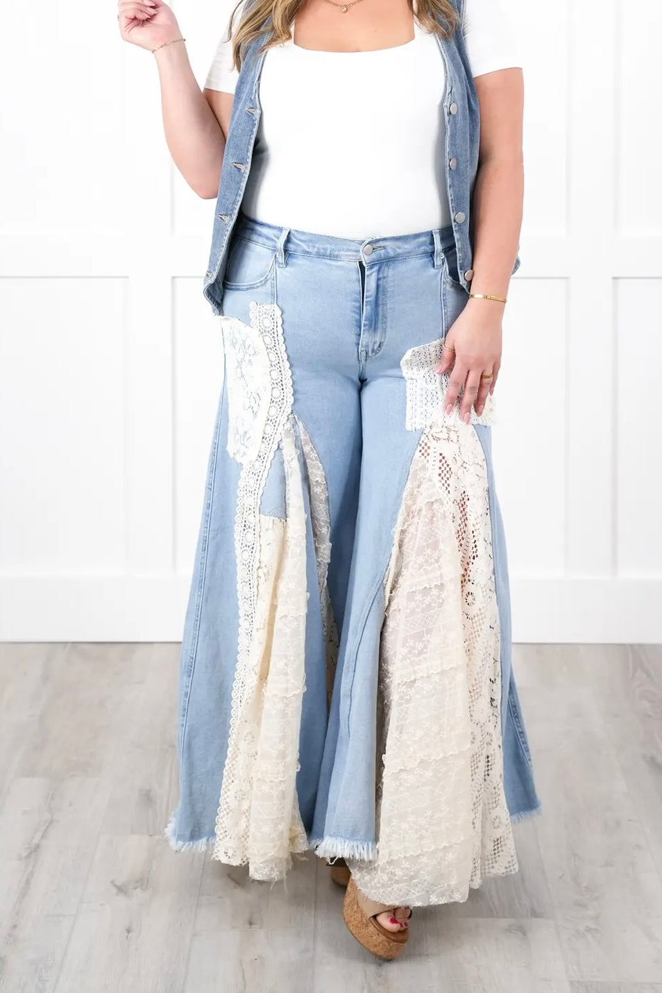 Great Escape Lace Pieced Exaggerated Wide Leg Jeans
