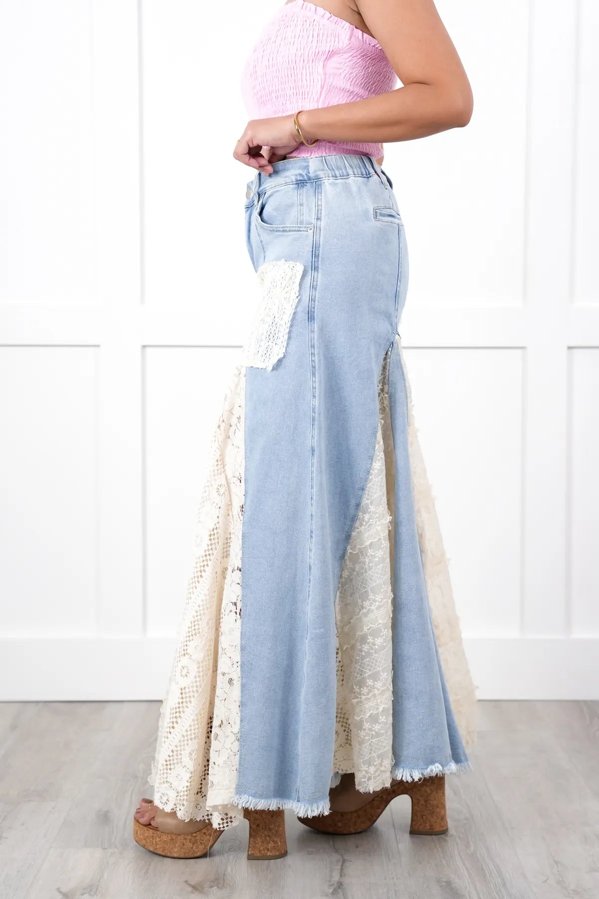Great Escape Lace Pieced Exaggerated Wide Leg Jeans