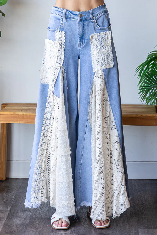 Great Escape Lace Pieced Exaggerated Wide Leg Jeans
