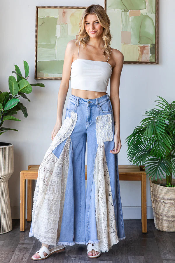 Great Escape Lace Pieced Exaggerated Wide Leg Jeans