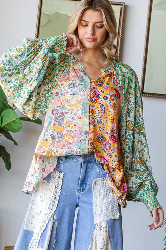 Feels Good Mixed Paisley + Floral Print Long Sleeve Spring Button Down
