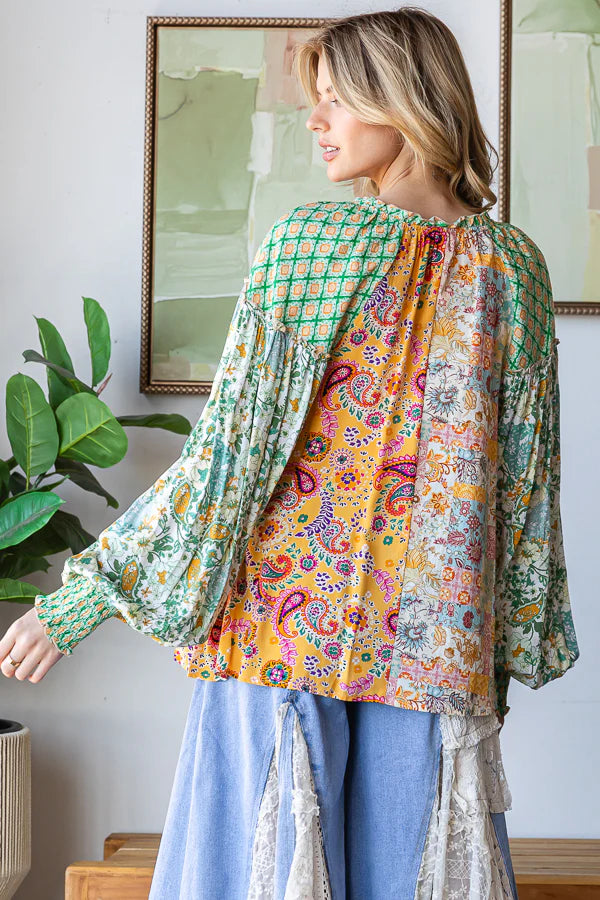 Feels Good Mixed Paisley + Floral Print Long Sleeve Spring Button Down