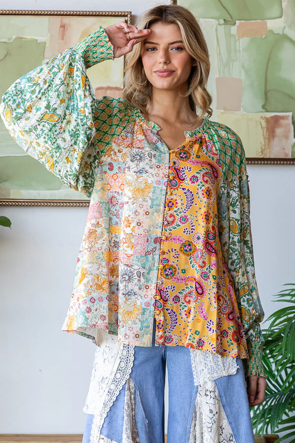 Feels Good Mixed Paisley + Floral Print Long Sleeve Spring Button Down