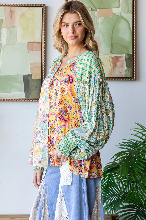 Feels Good Mixed Paisley + Floral Print Long Sleeve Spring Button Down