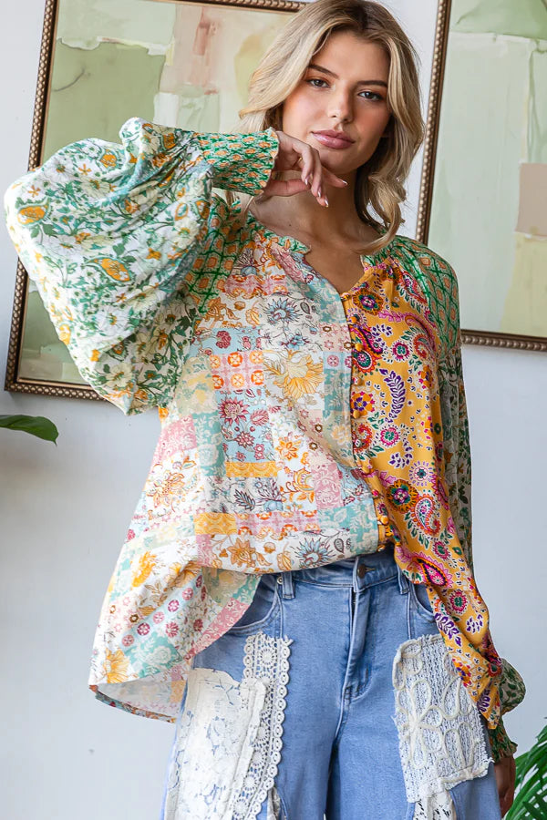 Feels Good Mixed Paisley + Floral Print Long Sleeve Spring Button Down