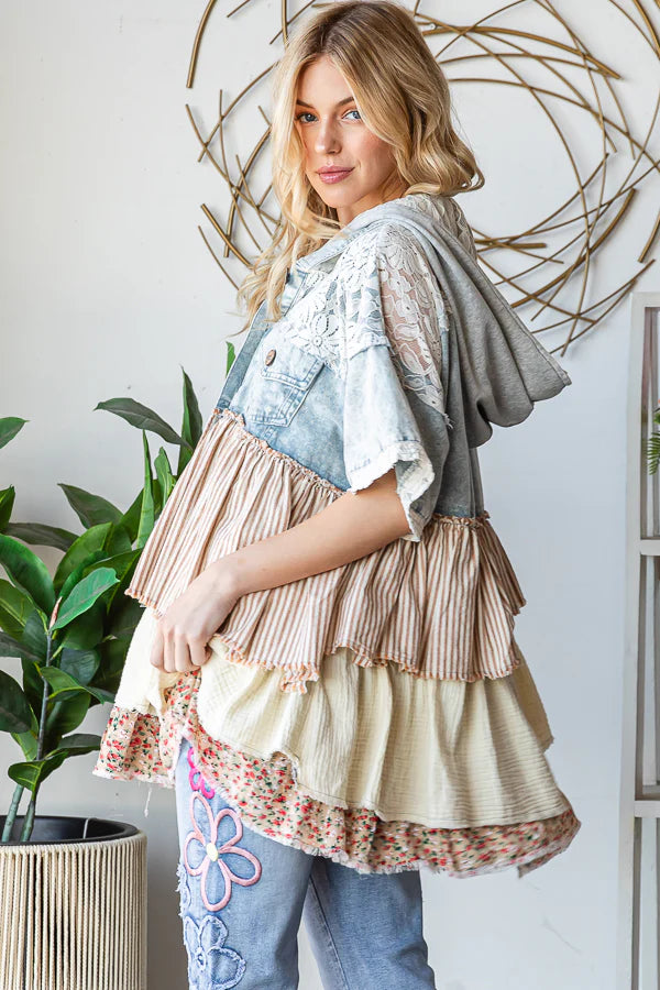 Serving Sass Mixed Fabric Ruffled Tiered Short Sleeve Denim Jacket
