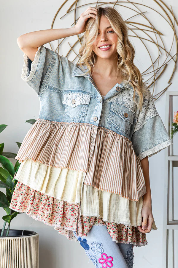 Serving Sass Mixed Fabric Ruffled Tiered Short Sleeve Denim Jacket
