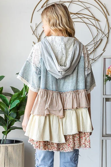 Serving Sass Mixed Fabric Ruffled Tiered Short Sleeve Denim Jacket