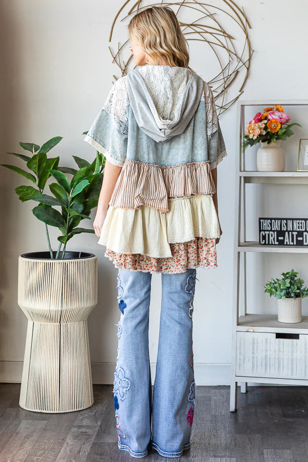 Serving Sass Mixed Fabric Ruffled Tiered Short Sleeve Denim Jacket