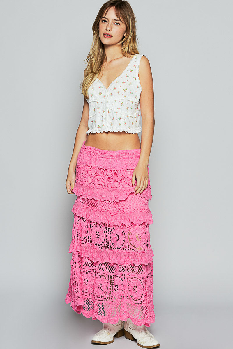 Kava Nights Tiered Ruffled Flowy Crochet Maxi Skirt