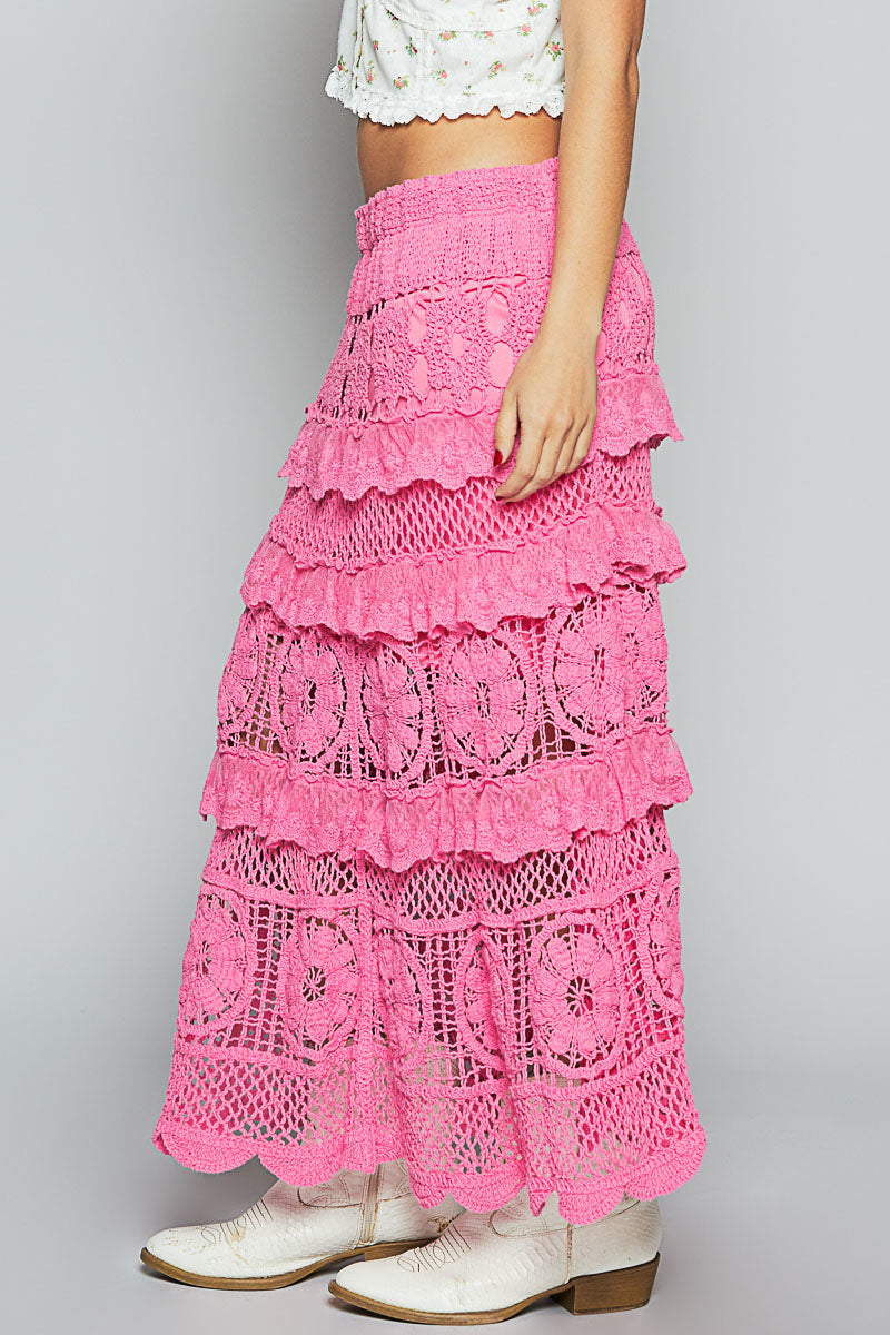 Kava Nights Tiered Ruffled Flowy Crochet Maxi Skirt
