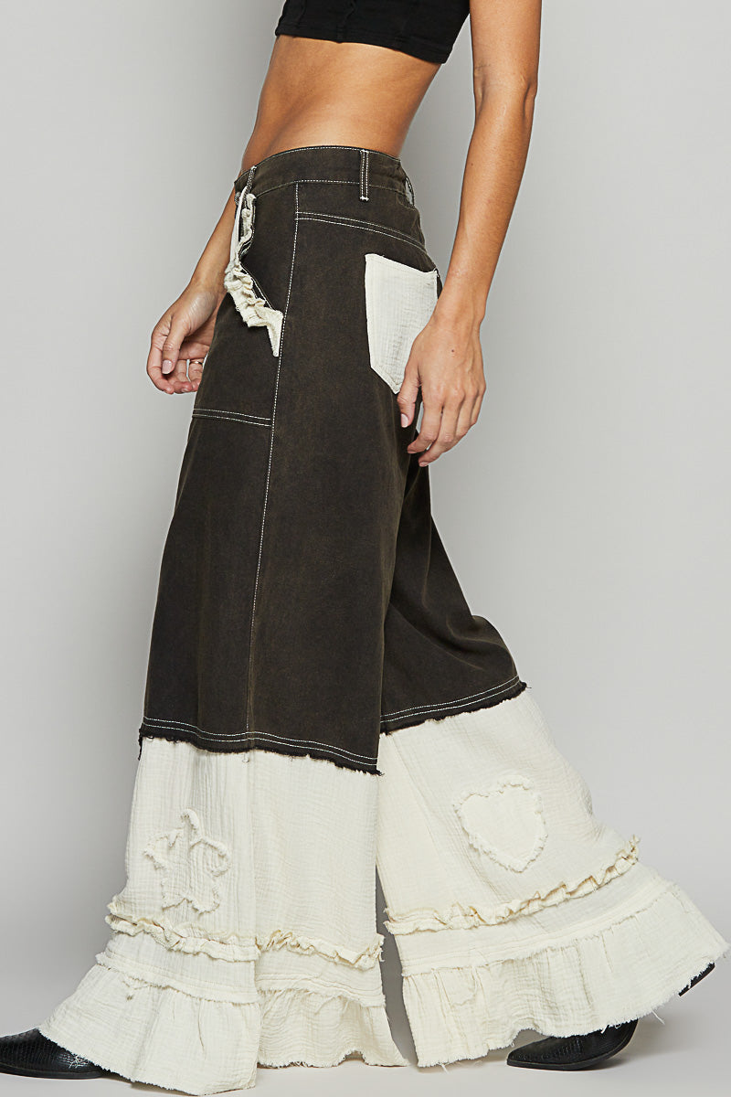 All The Frills Twill + Double Gauze Wide Leg Patch Pants