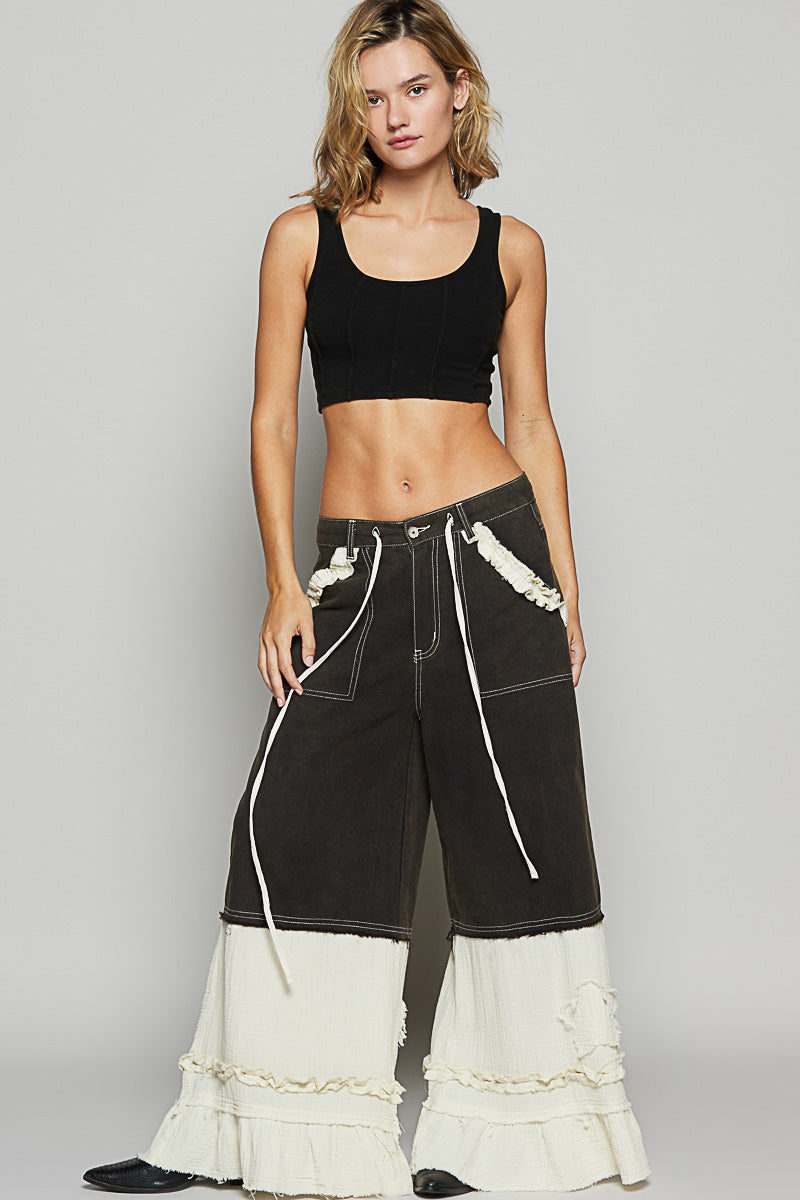 All The Frills Twill + Double Gauze Wide Leg Patch Pants