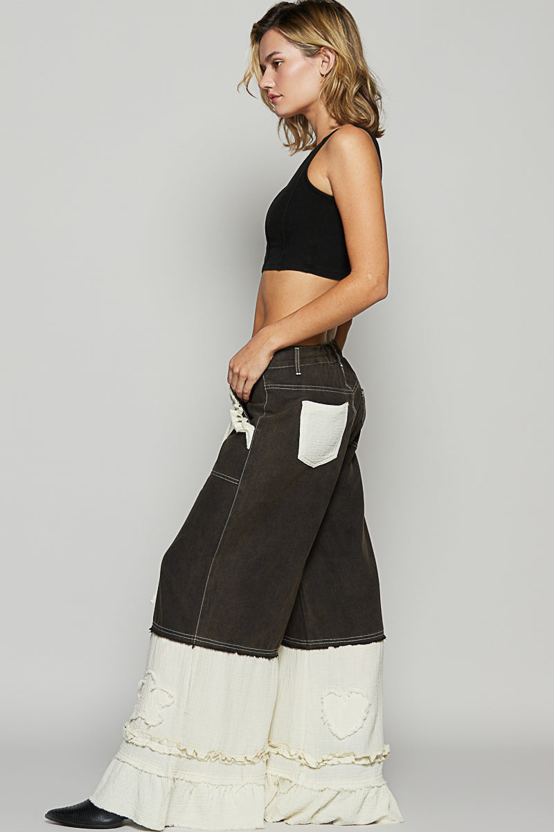 All The Frills Twill + Double Gauze Wide Leg Patch Pants