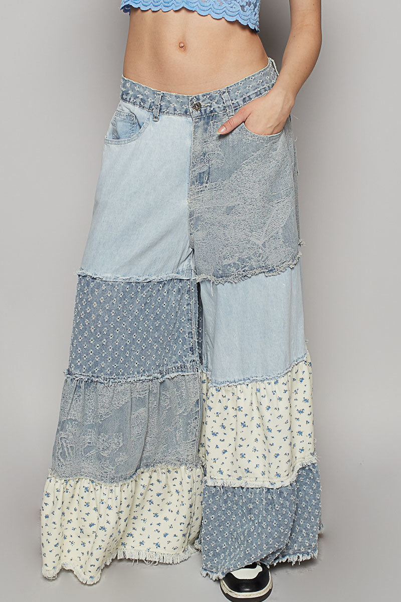 Applause Please Patchwork Tiered Ruffle Exaggerated Wide Leg Jeans