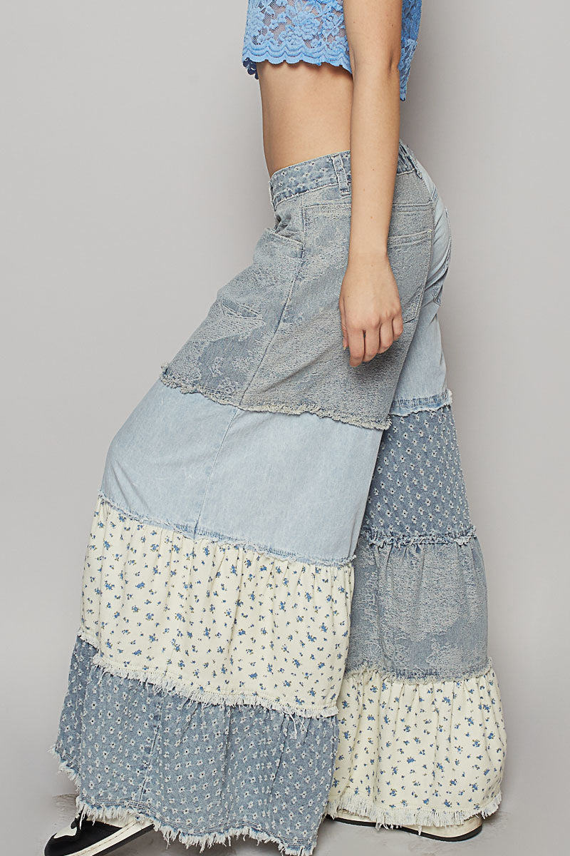 Applause Please Patchwork Tiered Ruffle Exaggerated Wide Leg Jeans