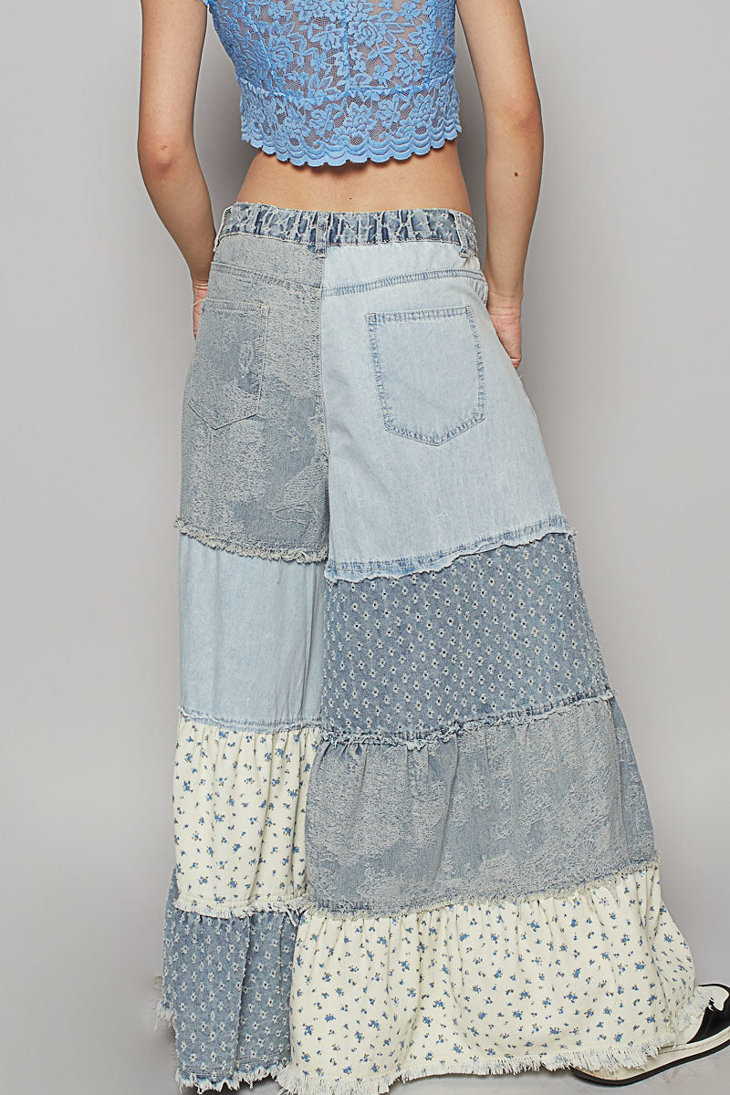 Applause Please Patchwork Tiered Ruffle Exaggerated Wide Leg Jeans