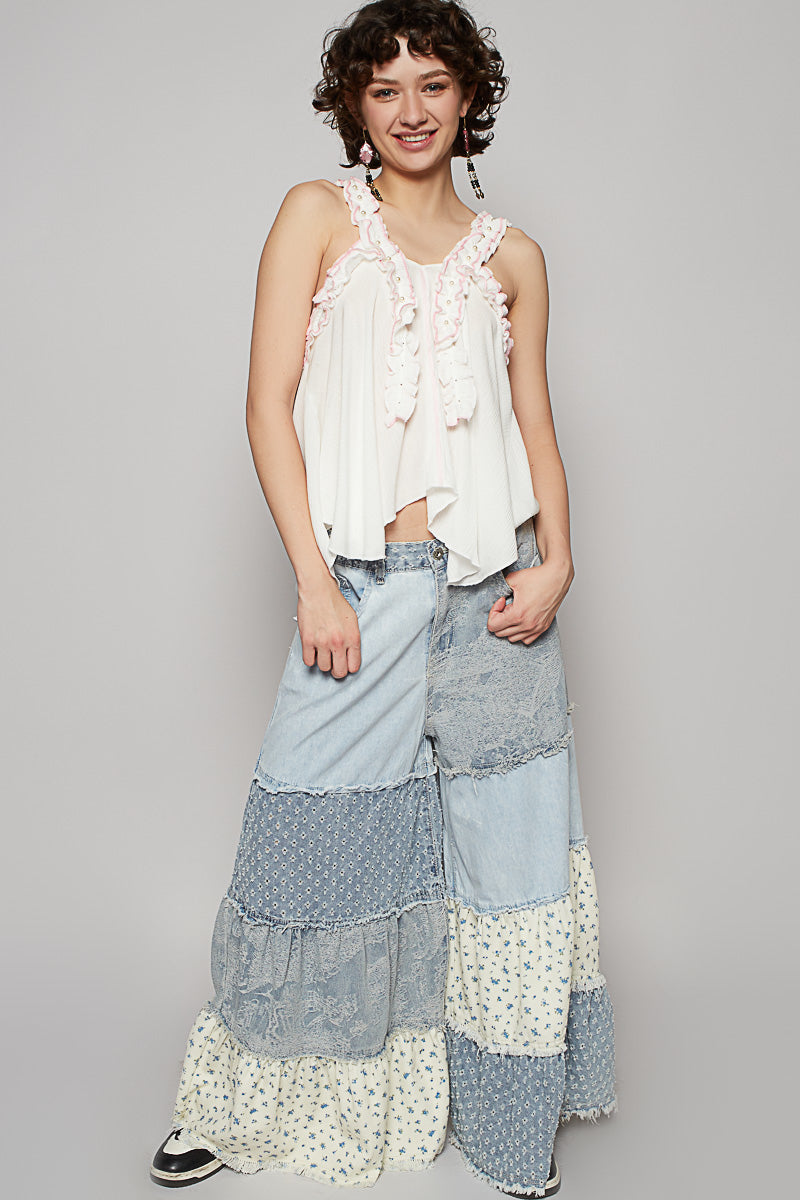 Applause Please Patchwork Tiered Ruffle Exaggerated Wide Leg Jeans