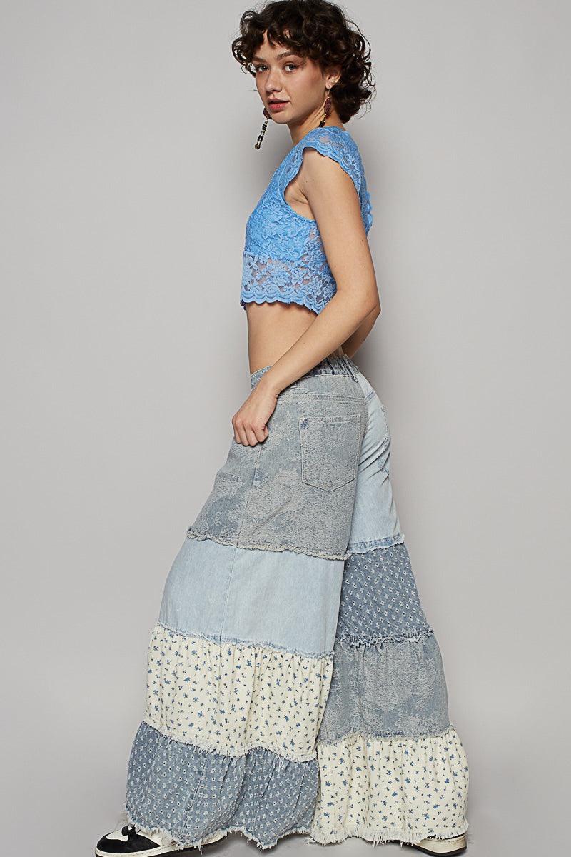 Applause Please Patchwork Tiered Ruffle Exaggerated Wide Leg Jeans
