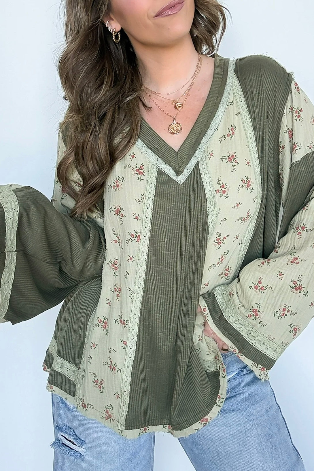 Something Cute V Neck Long Sleeve Floral + Solid Top