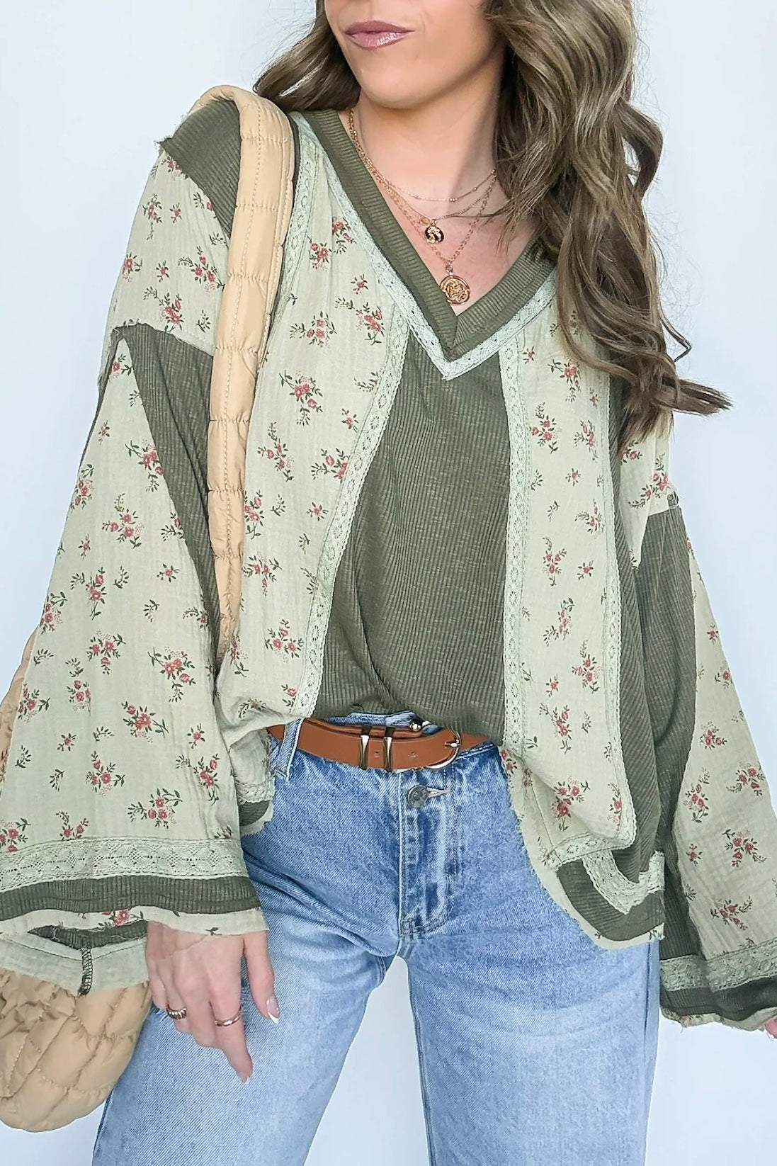 Something Cute V Neck Long Sleeve Floral + Solid Top