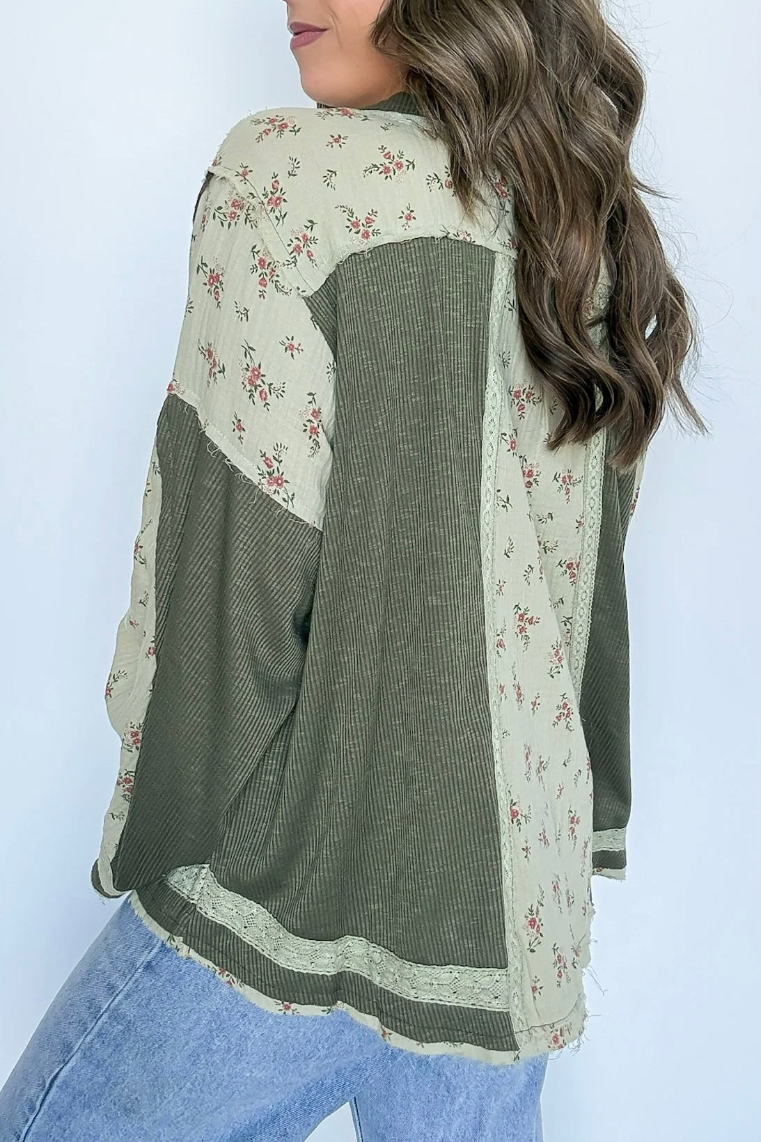 Something Cute V Neck Long Sleeve Floral + Solid Top