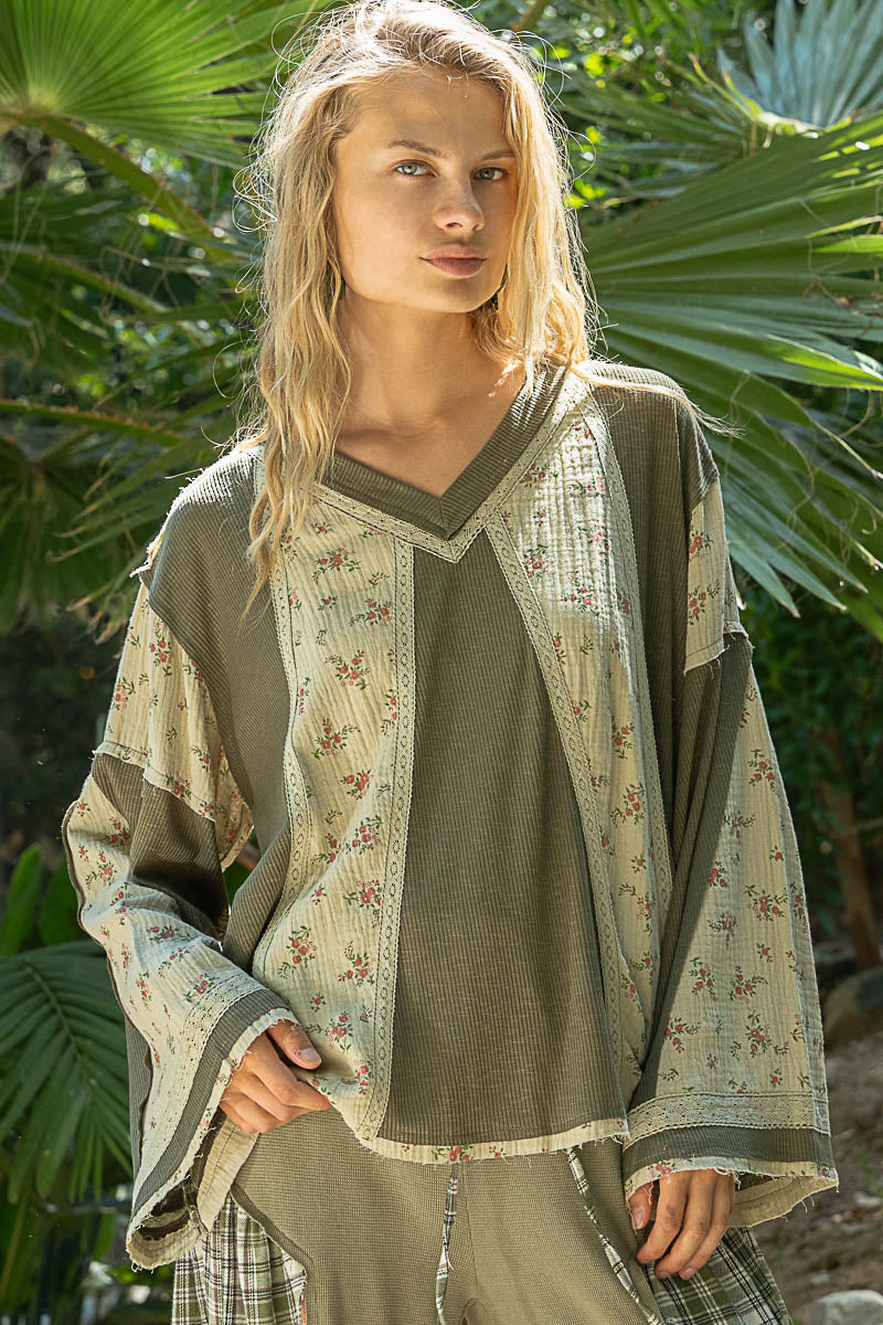 Something Cute V Neck Long Sleeve Floral + Solid Top