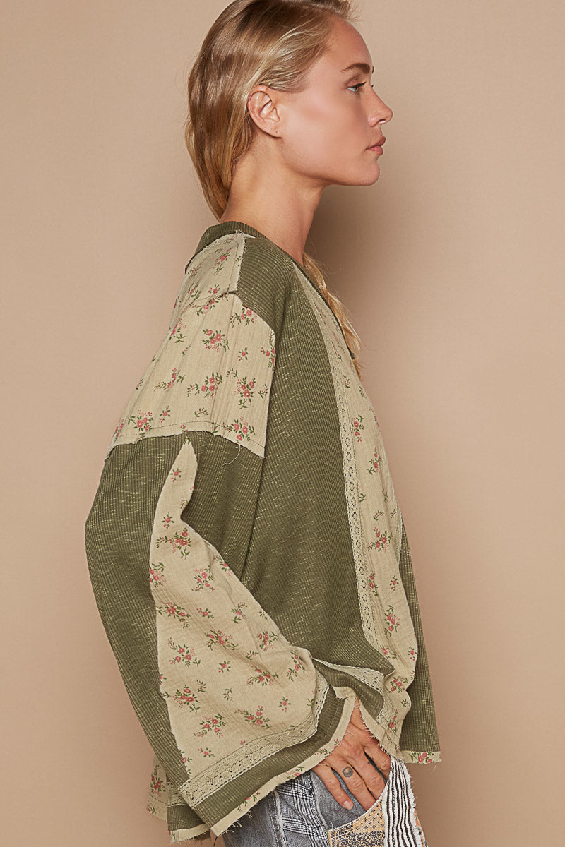 Something Cute V Neck Long Sleeve Floral + Solid Top