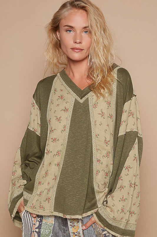 Something Cute V Neck Long Sleeve Floral + Solid Top