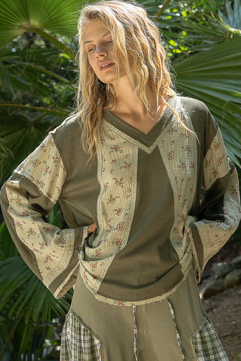 Something Cute V Neck Long Sleeve Floral + Solid Top