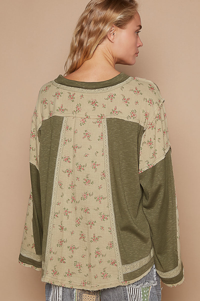 Something Cute V Neck Long Sleeve Floral + Solid Top