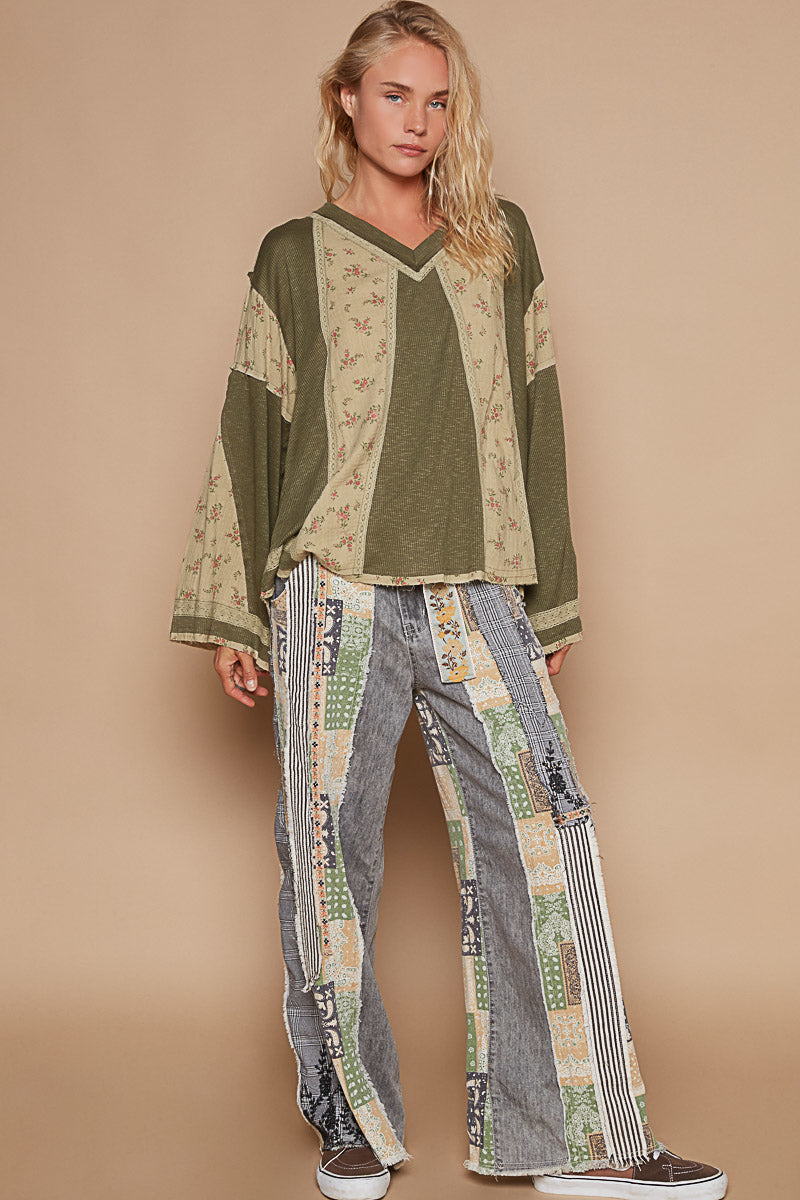Something Cute V Neck Long Sleeve Floral + Solid Top
