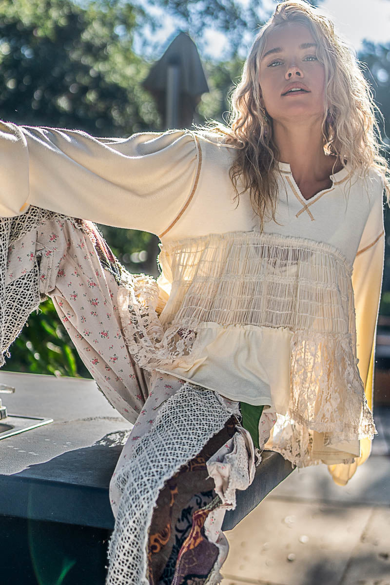 Making Moves Lace Pieced Long Sleeve Shirred Top