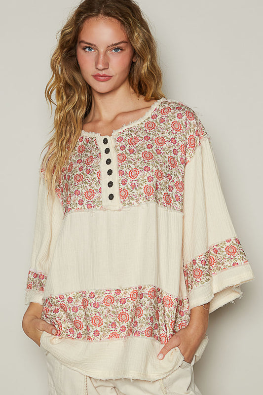 On A Break Floral Contrast Loose Fit Blouse in Double Gauze (2 Colors)