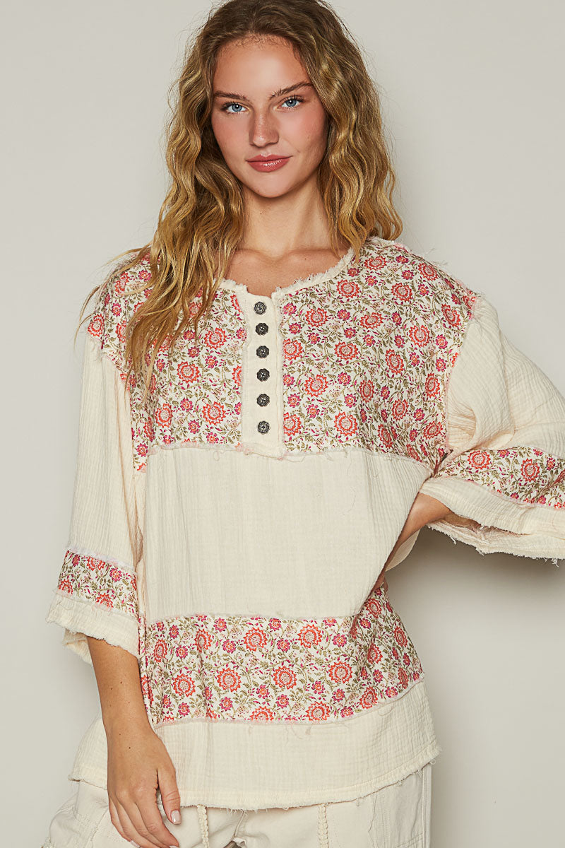 On A Break Floral Contrast Loose Fit Blouse in Double Gauze (2 Colors)