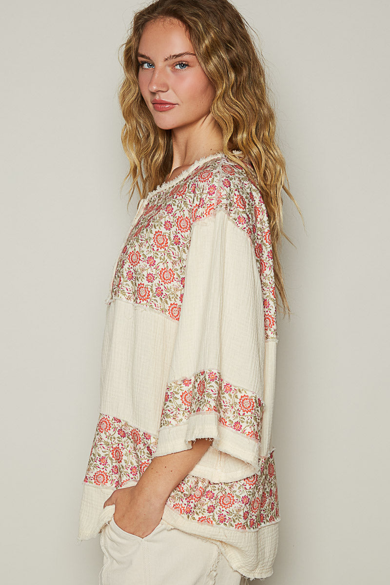 On A Break Floral Contrast Loose Fit Blouse in Double Gauze (2 Colors)