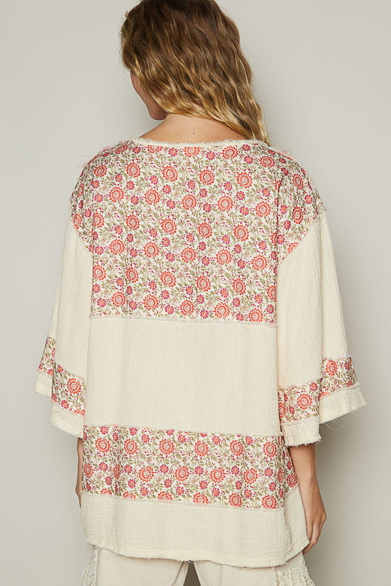 On A Break Floral Contrast Loose Fit Blouse in Double Gauze (2 Colors)