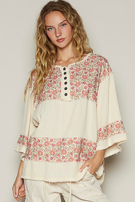 On A Break Floral Contrast Loose Fit Blouse in Double Gauze (2 Colors)