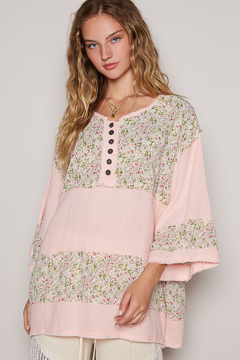On A Break Floral Contrast Loose Fit Blouse in Double Gauze (2 Colors)