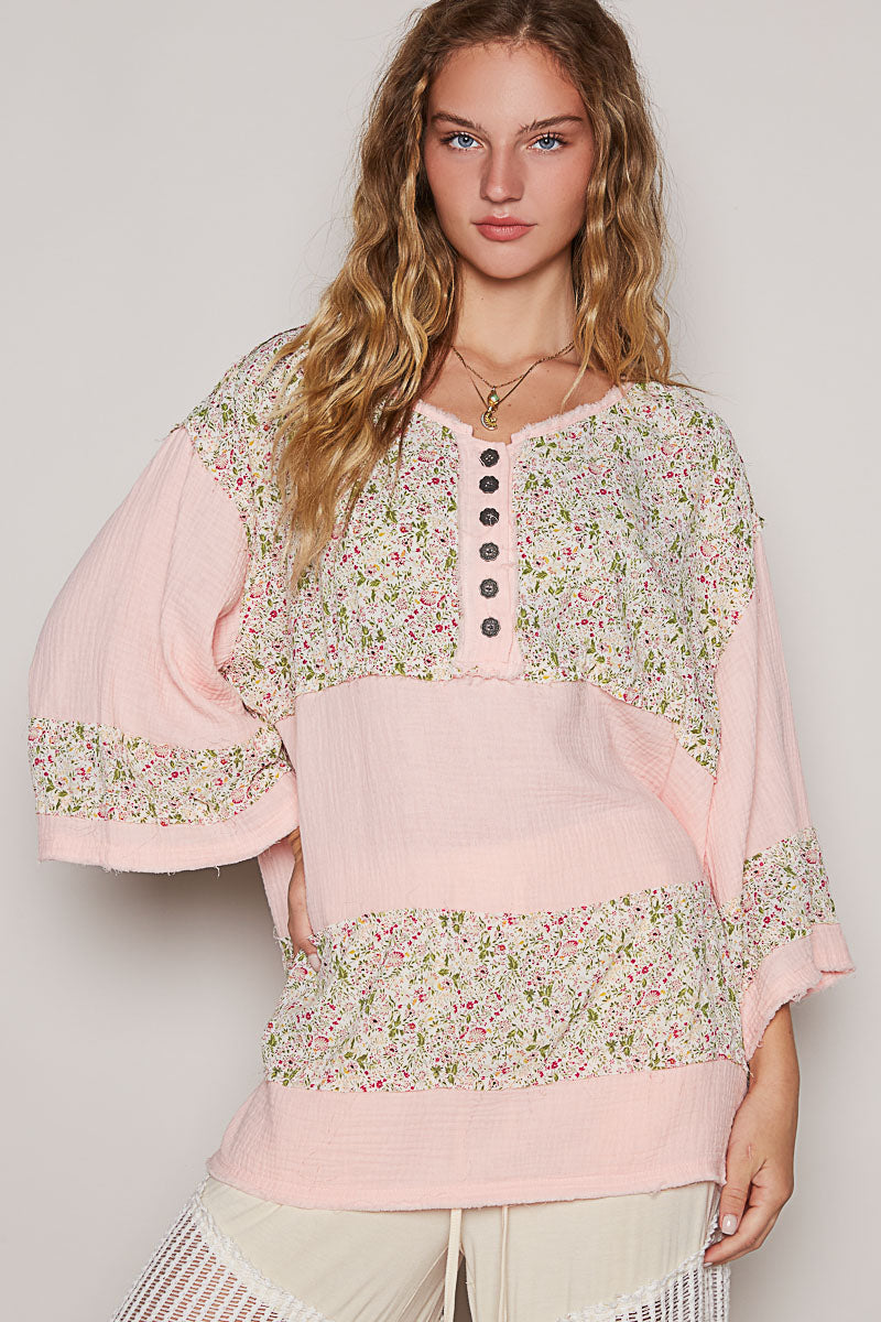On A Break Floral Contrast Loose Fit Blouse in Double Gauze (2 Colors)